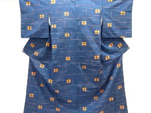 幾何学に花模様織り出し手織り真綿紬着物